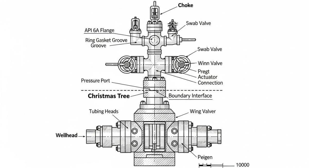 Technical diagram showing the boundary and components of a wellhead versus a christmas tree
