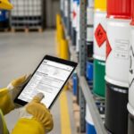Industrial worker reviewing a Material Safety Data Sheet on a tablet near chemical storage.