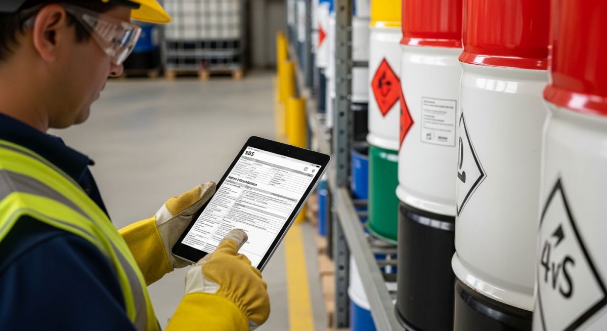 Industrial worker reviewing a Material Safety Data Sheet on a tablet near chemical storage.