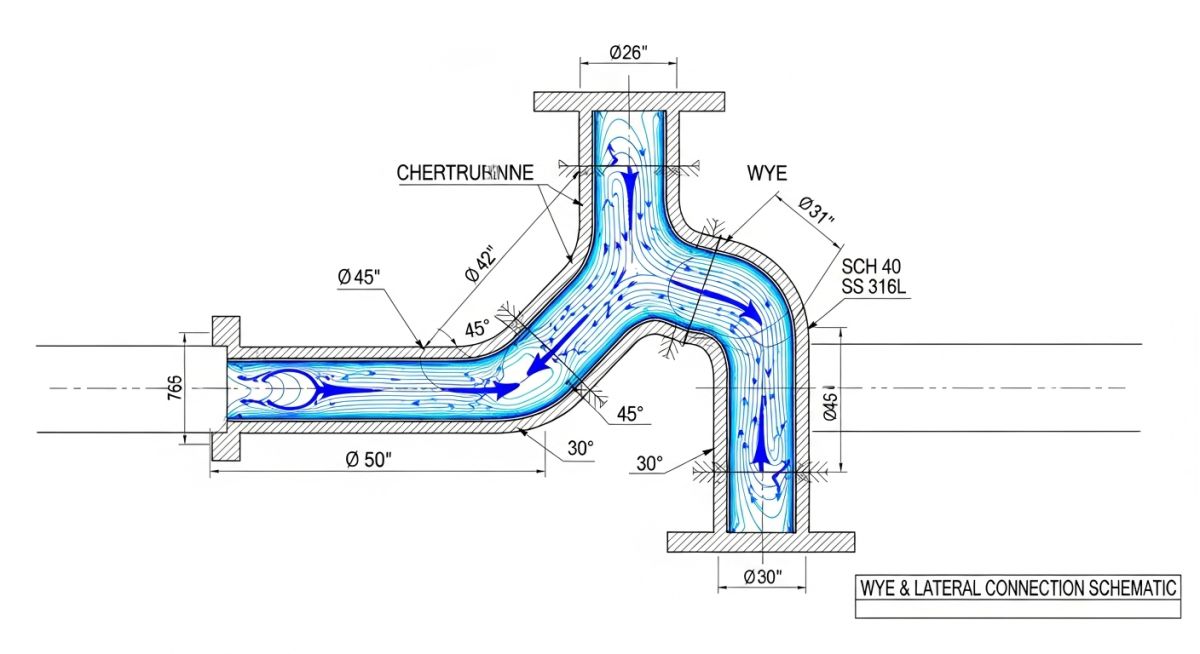 Engineering diagram comparing stress profiles of wye fitting vs lateral connection