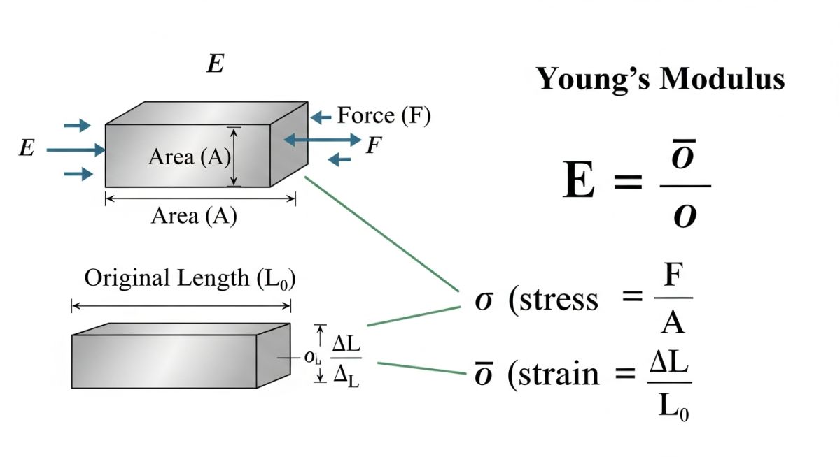 Young's Modulus formula diagram showing stress strain curve and variables