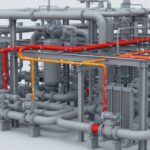 3D CAD model of an industrial piping system highlighting stress-critical lines in red.