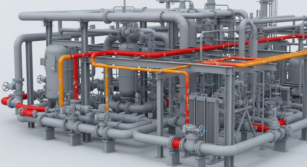 3D CAD model of an industrial piping system highlighting stress-critical lines in red.