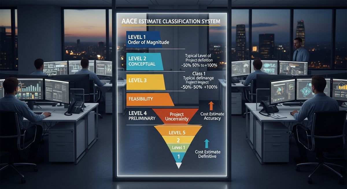 Professional engineering display showing the five levels of the AACE Estimate Classification System for capital projects.