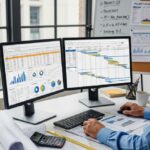 Senior project controls engineer analyzing EPC project cost data and schedules in a modern office setting.
