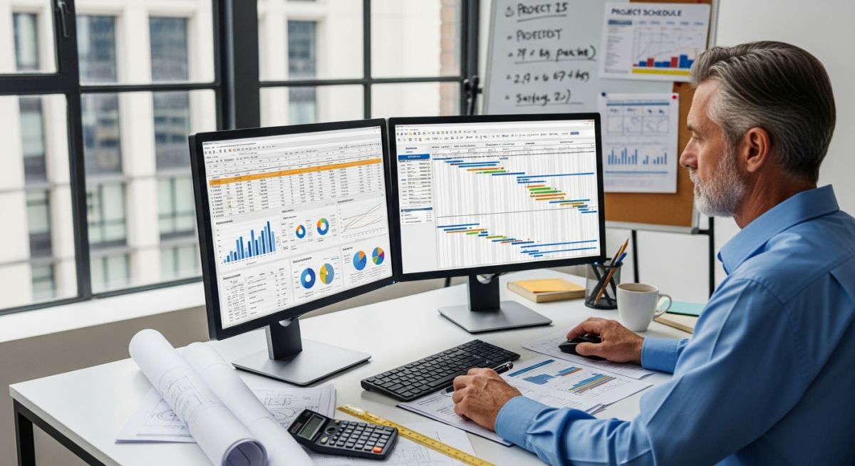 Senior project controls engineer analyzing EPC project cost data and schedules in a modern office setting.