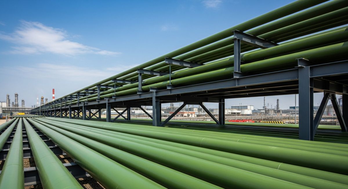 Aboveground GRE piping system installed on an industrial pipe rack