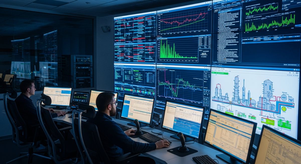 Modern industrial control room displaying advanced process control software and real-time optimization data.