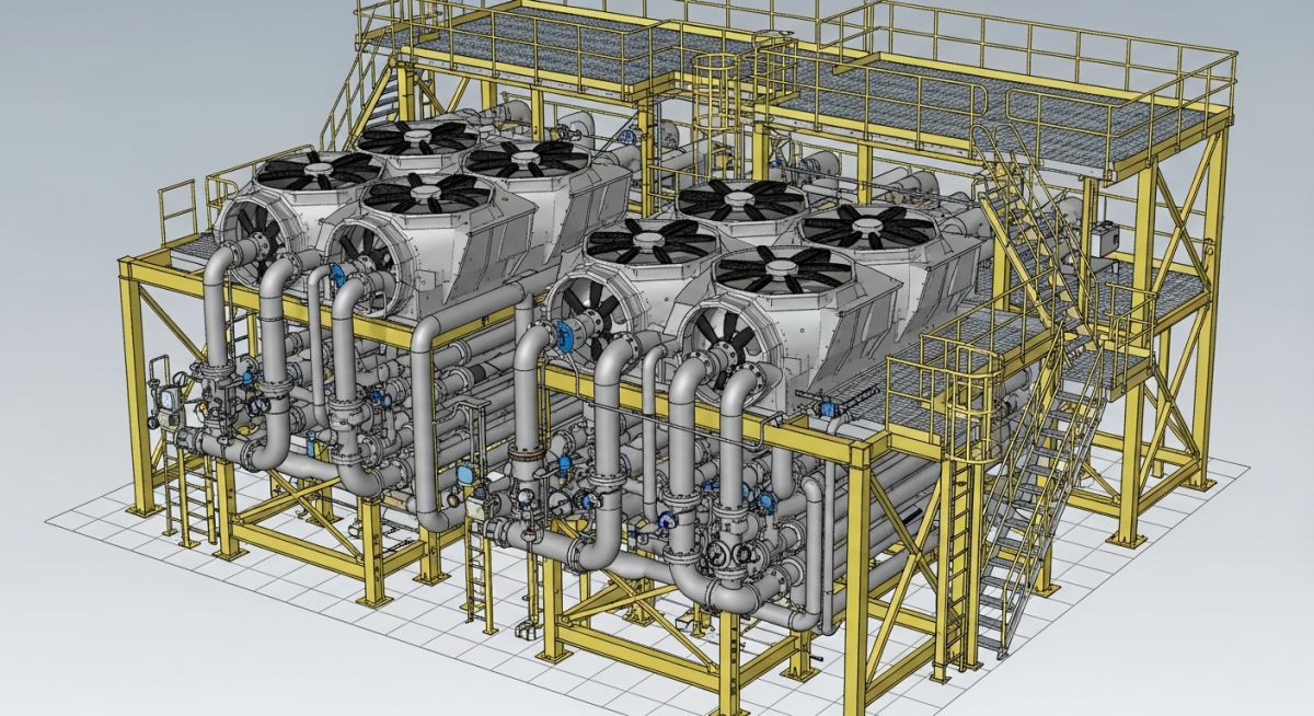 Detailed 3D CAD model of air cooler piping design showing inlet and outlet manifolds on structural steel.