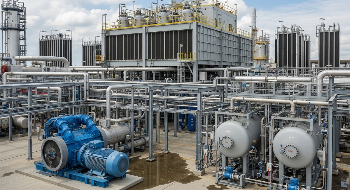 Industrial Air Separation Unit facility showing compression, purification, and cryogenic distillation columns for gas production.