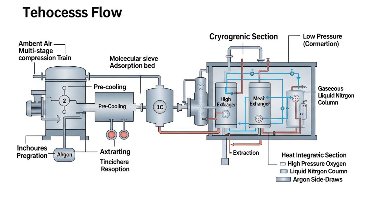 Technical schematic of an ASU showing compression, purification, and cryogenic distillation