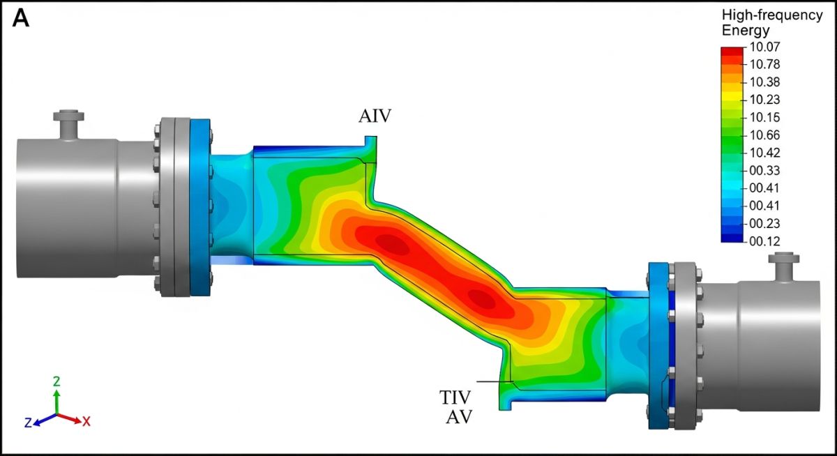 Cross-section of a control valve showing acoustic energy heat maps and potential AIV zones in downstream piping.