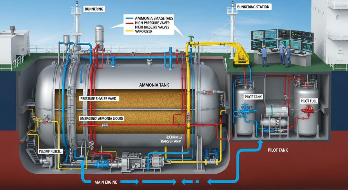 Schematic of an ammonia fuel supply system on a vessel