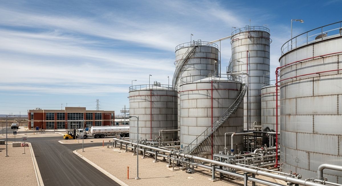 Large welded steel aboveground storage tanks designed to API 650 standard at an industrial facility.