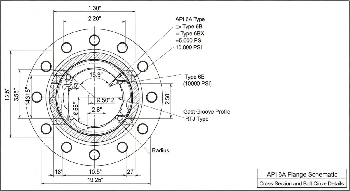 API 6A flange dimensions and ring groove design diagram