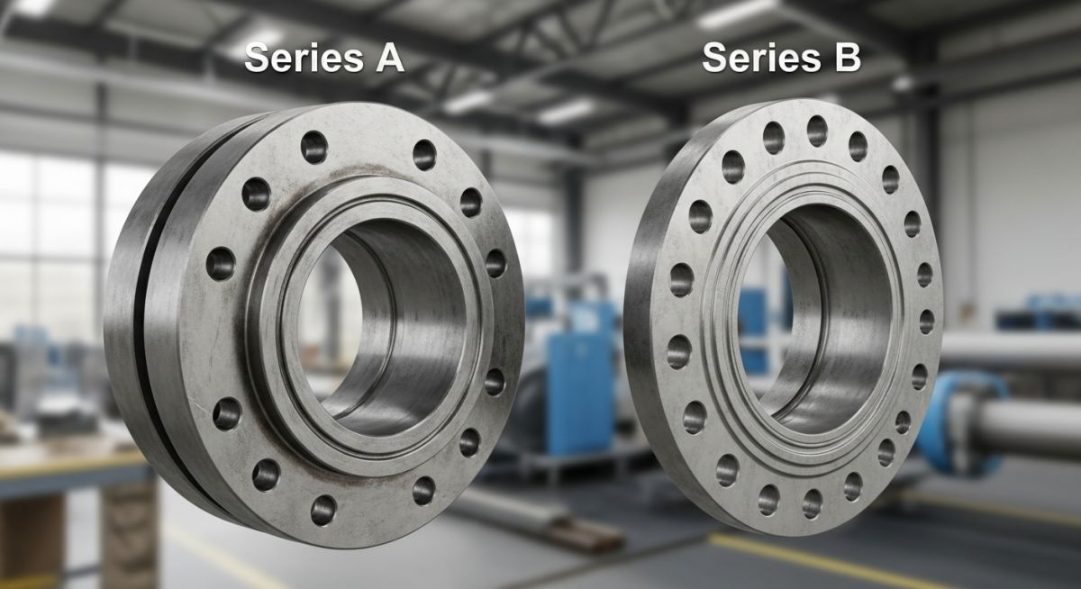 Side-by-side comparison of ASME B16.47 Series A and Series B large-diameter steel flanges.