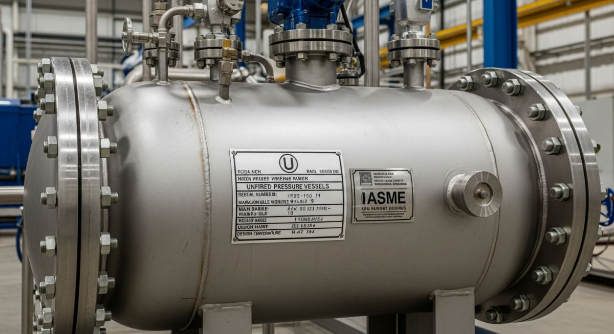ASME certification mark stamped on an industrial pressure vessel nameplate