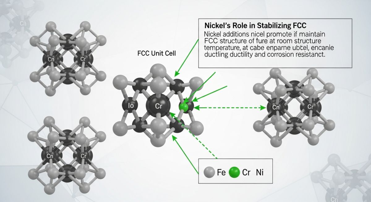 Austenitic stainless steel crystal lattice structure showing nickel atoms stabilizing the FCC matrix