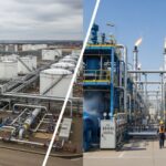 Split view of liquid pipeline terminal and gas compressor station representing ASME B31.4 vs B31.8 design standards.
