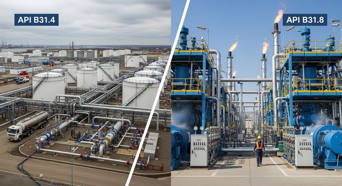 Split view of liquid pipeline terminal and gas compressor station representing ASME B31.4 vs B31.8 design standards.