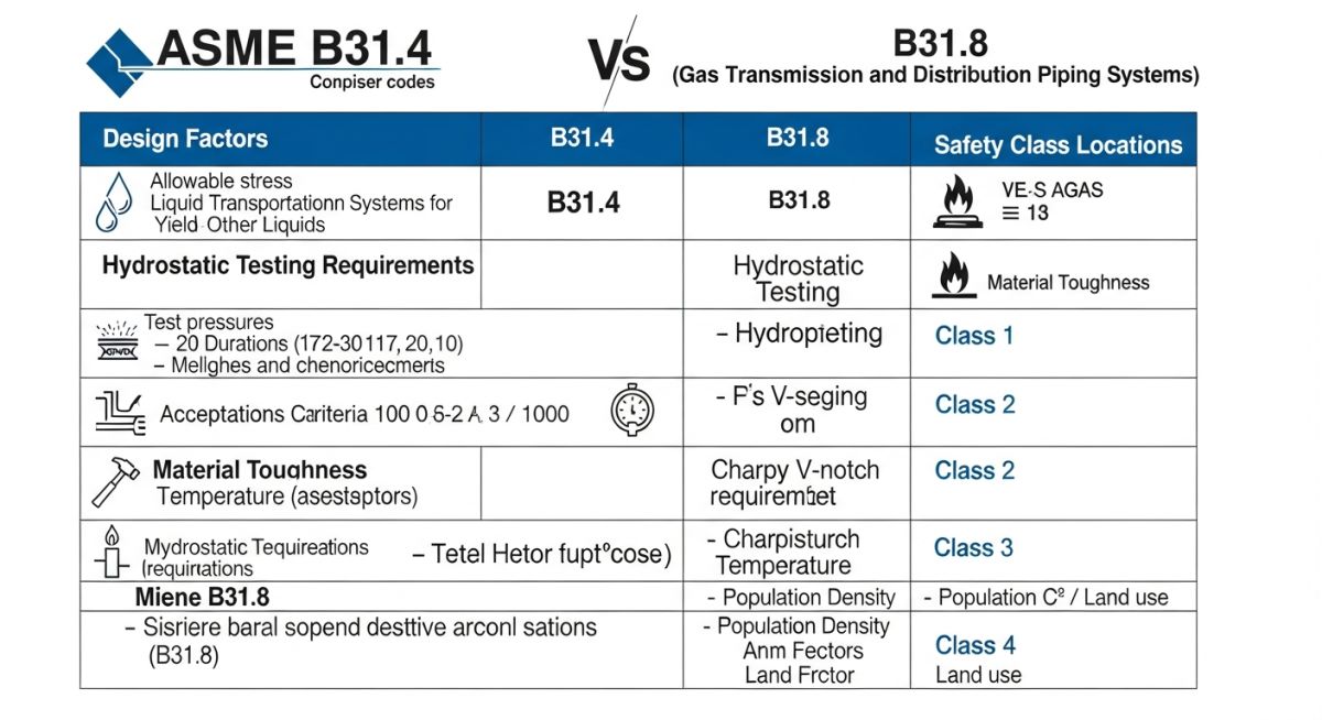Technical matrix comparing ASME B31.4 and ASME B31.8 design parameters
