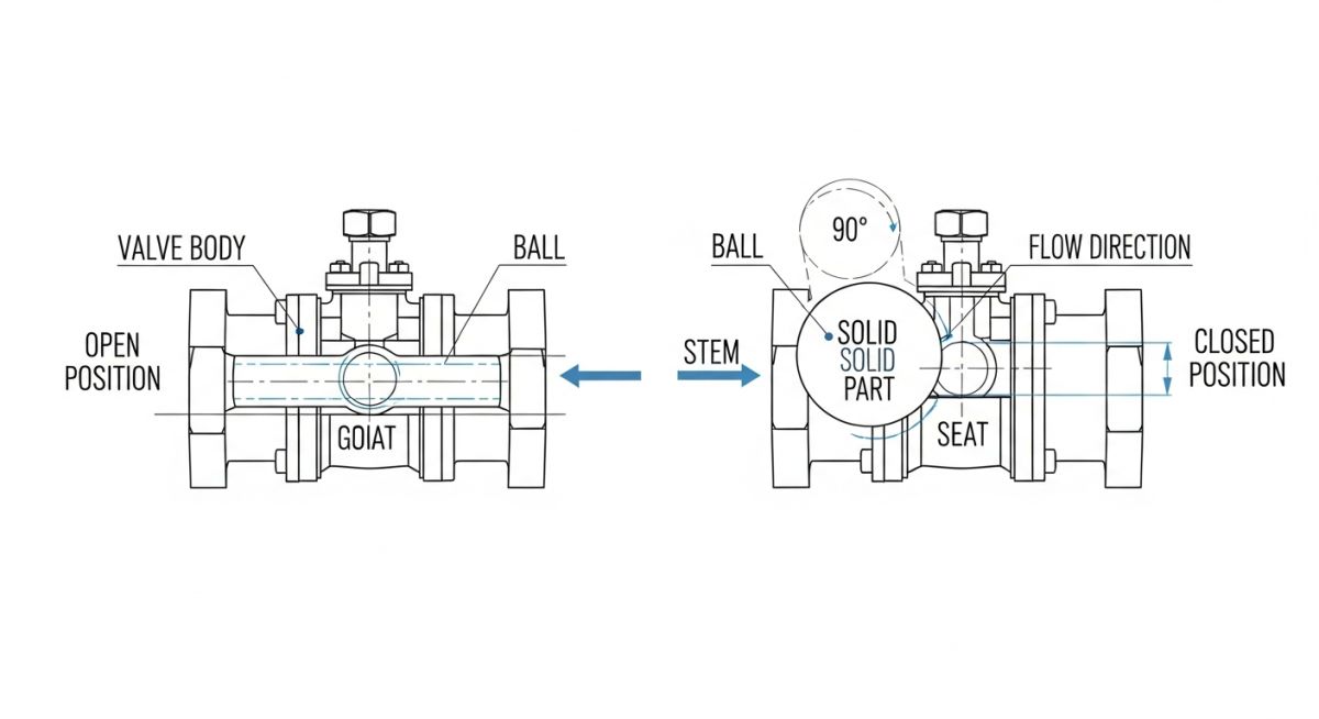 Ball valve working mechanism diagram showing floating and trunnion configurations
