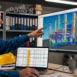 Senior piping engineer analyzing a 3D plant model and cost estimate documentation in a modern industrial office setting.