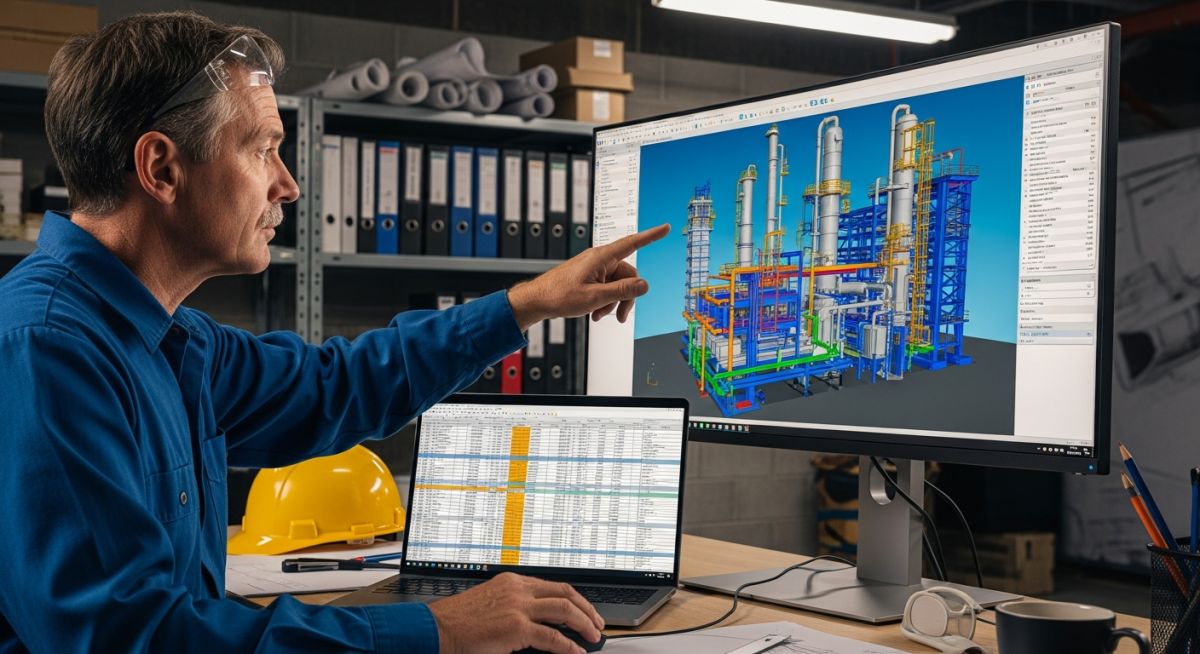 Senior piping engineer analyzing a 3D plant model and cost estimate documentation in a modern industrial office setting.