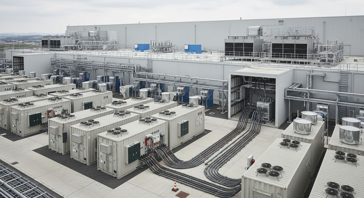 Modern Battery Energy Storage Systems integrated into a large-scale data centre power distribution infrastructure.