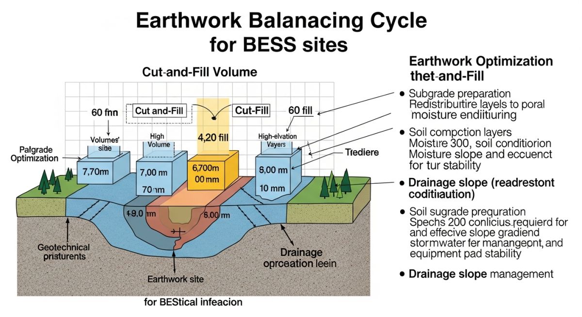 Technical infographic showing earthwork balancing and drainage design for BESS sites.