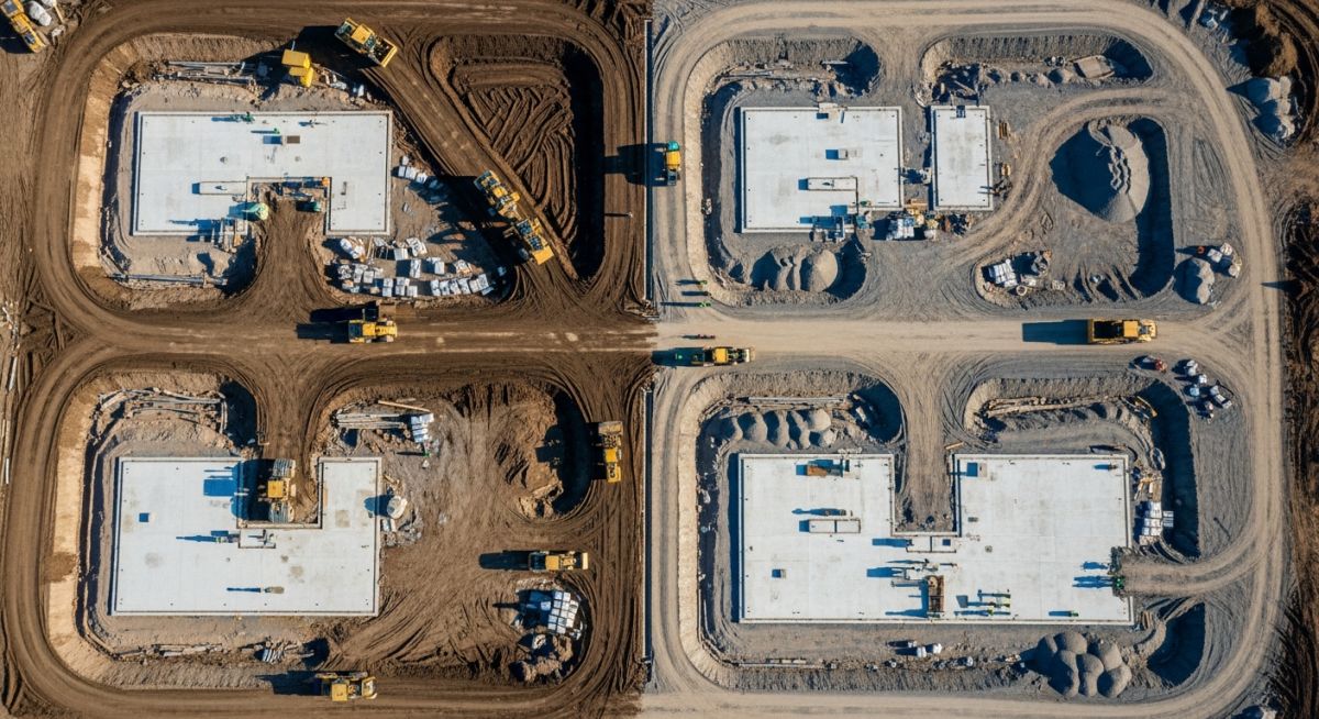 Aerial view of a BESS facility construction site showing earthwork grading, soil compaction, and site preparation for battery storage containers.