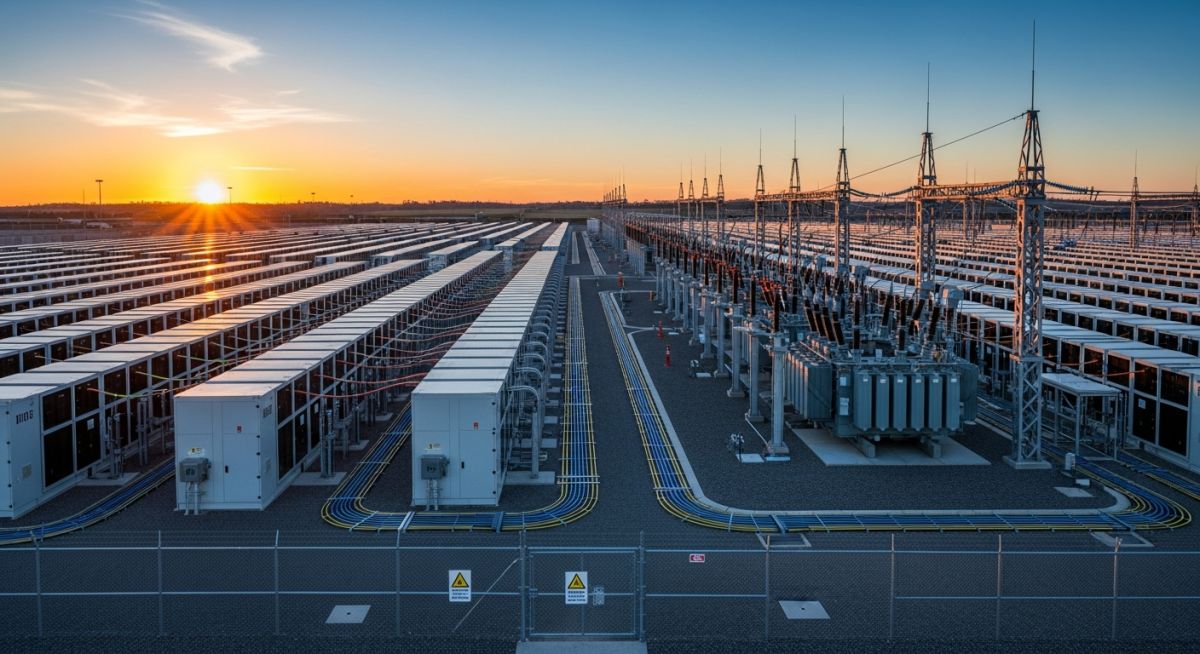 Grid-scale lithium-ion battery energy storage system facility at sunset with modular containers and substation infrastructure.