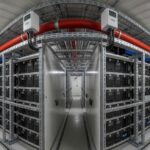 Professional industrial photograph of a containerized BESS facility showing battery racks, gas detection sensors, and fire suppression piping systems.
