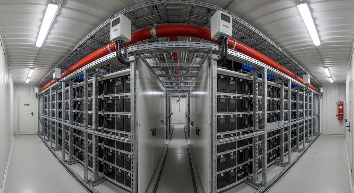 Professional industrial photograph of a containerized BESS facility showing battery racks, gas detection sensors, and fire suppression piping systems.