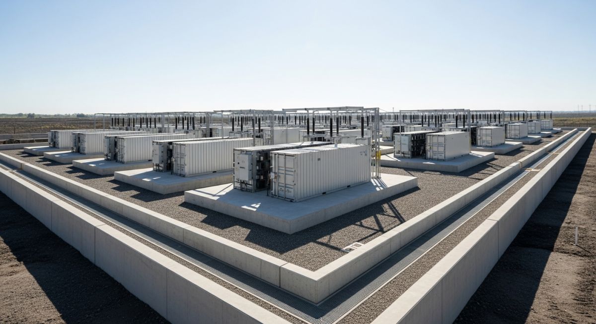 Modern BESS facility site layout showing elevated concrete foundations and perimeter flood protection barriers for industrial safety.