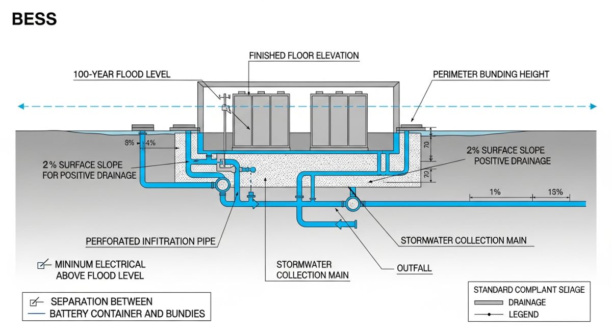 Technical diagram showing the layers of flood defense for BESS sites including site grading, bunding, and elevated plinths.