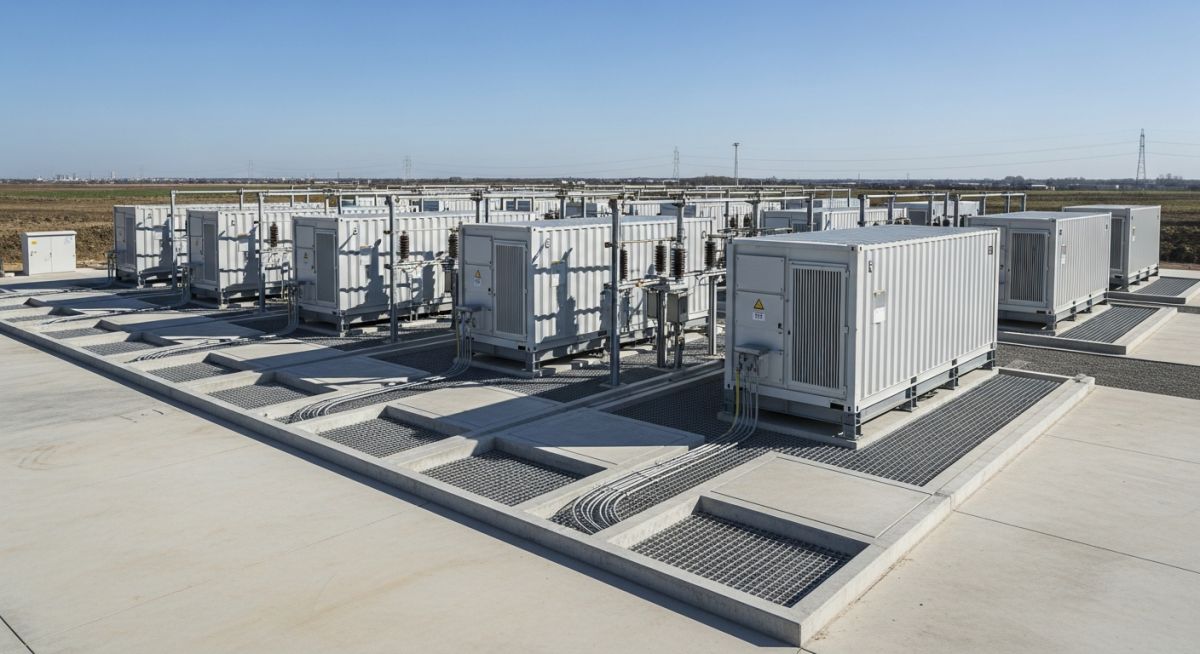 Utility-scale BESS container units installed on reinforced concrete slab foundations at a solar-plus-storage project site.