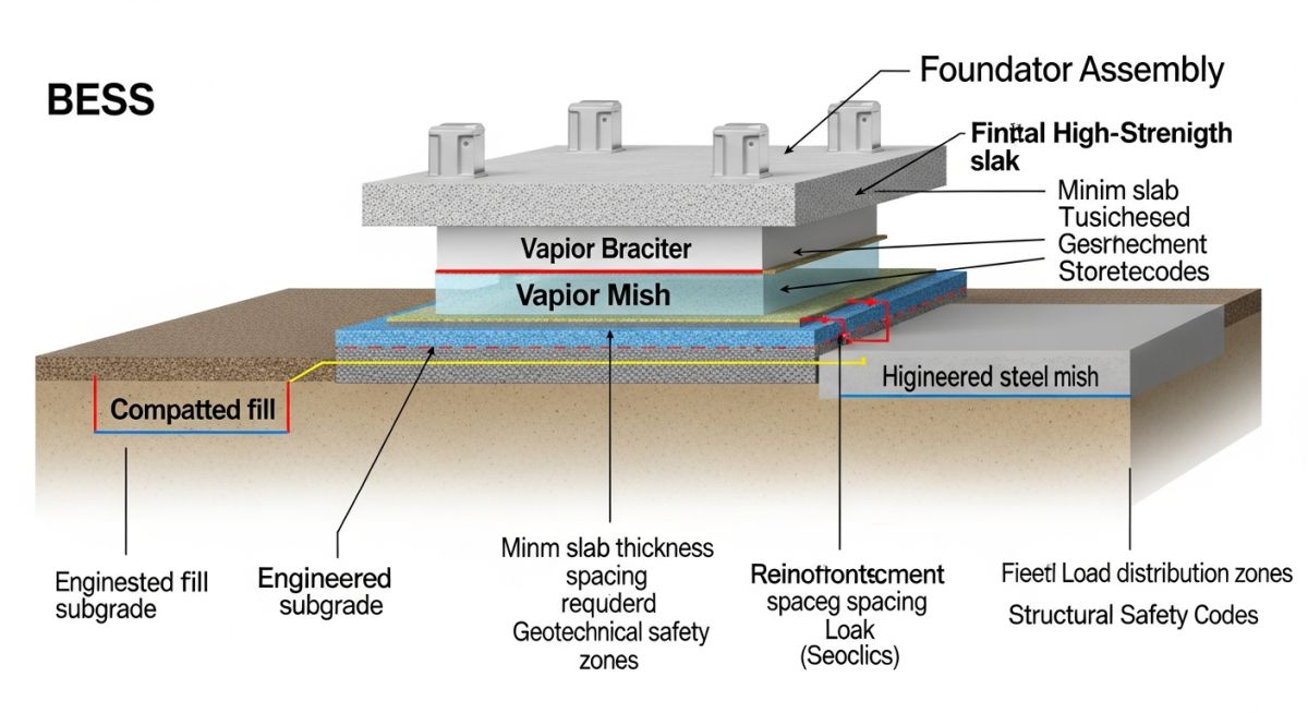 Technical infographic showing BESS foundation design parameters