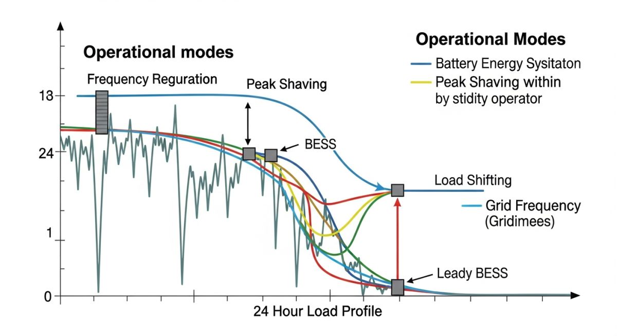 Technical infographic showing BESS operational response times and grid service capabilities.