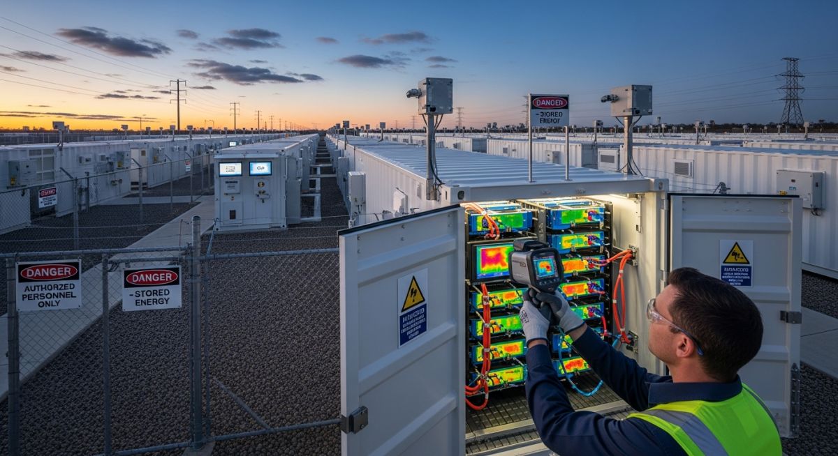 A professional technician performing thermal inspection on a utility-scale BESS plant battery rack to ensure operational safety and efficiency.