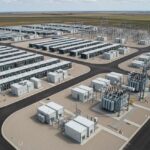 Aerial view of a utility-scale BESS plant showing battery containers, power conversion systems, and electrical switchgear infrastructure.