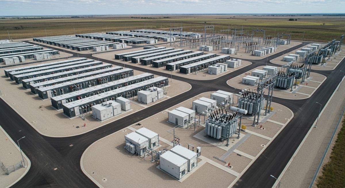 Aerial view of a utility-scale BESS plant showing battery containers, power conversion systems, and electrical switchgear infrastructure.
