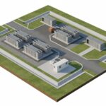 Isometric view of a BESS site grading design showing battery containers, access roads, and perimeter drainage systems on a leveled site.