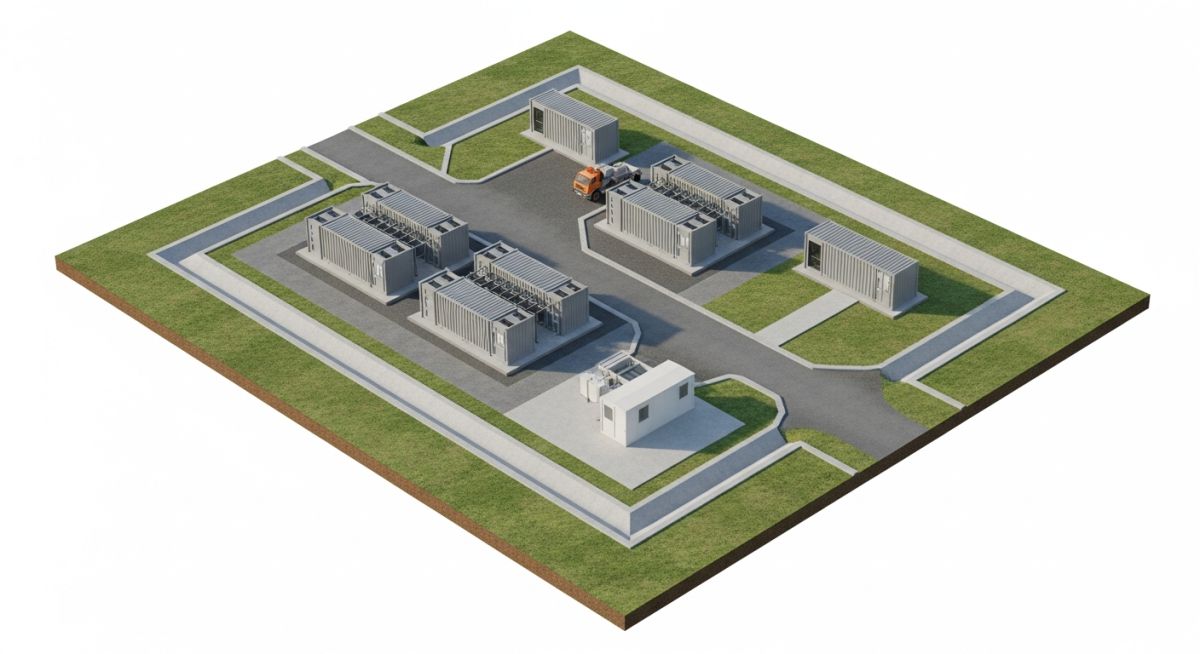 Isometric view of a BESS site grading design showing battery containers, access roads, and perimeter drainage systems on a leveled site.