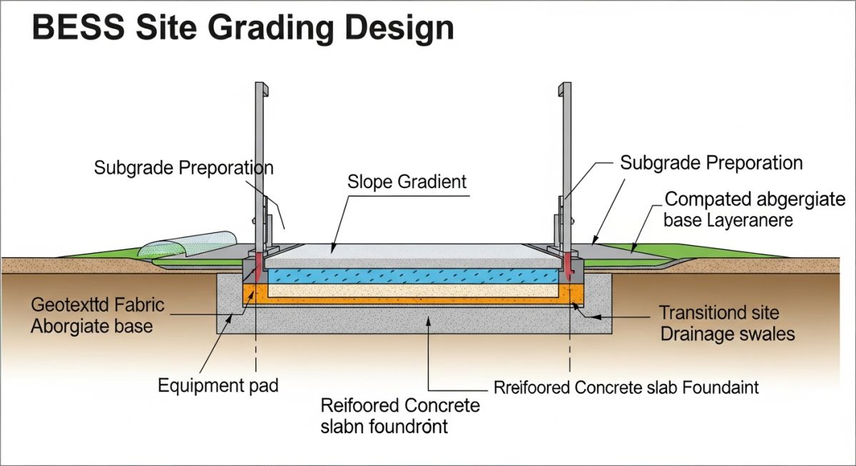 Technical diagram showing BESS site grading slopes and drainage