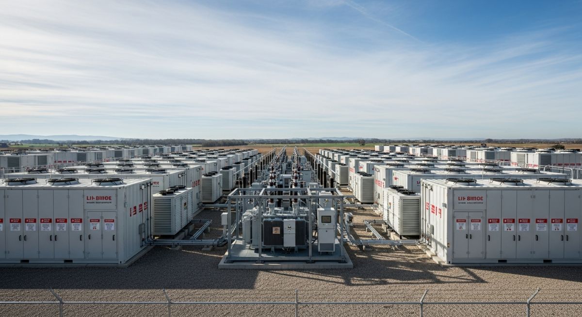 Industrial containerized Battery Energy Storage Systems site showing battery enclosures and power conversion skids.