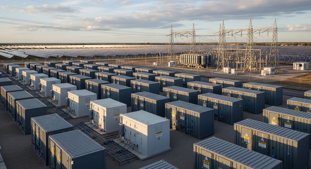 Utility-scale battery energy storage system containers integrated with a solar photovoltaic power plant for grid stability.
