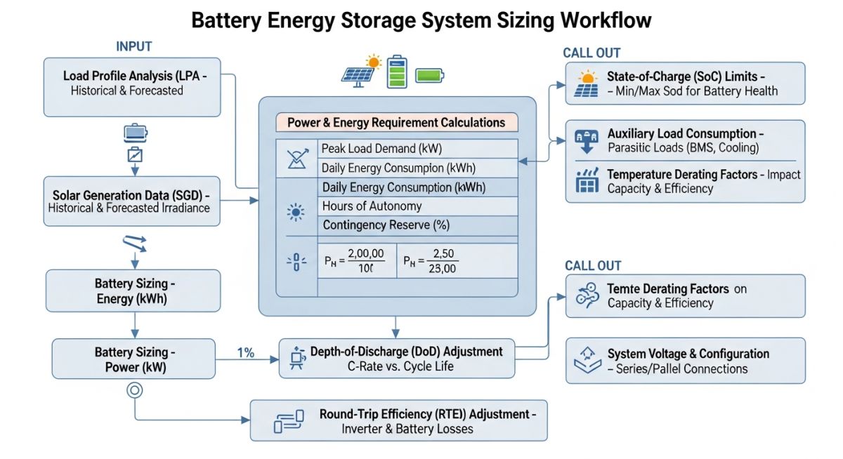 Flowchart showing the BESS sizing calculation workflow from load profile to final capacity