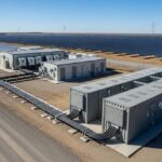 Utility-scale solar farm with containerized Battery Energy Storage Systems and power conversion equipment under a clear sky.