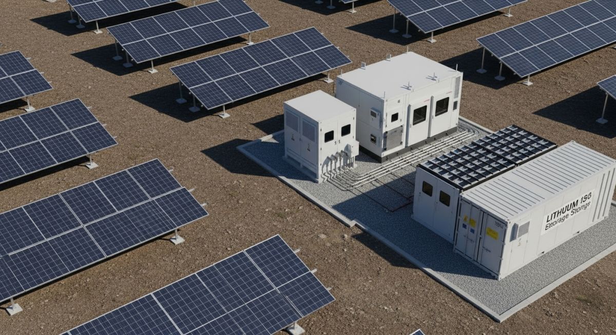 Utility-scale BESS integration with solar power plants showing containerized battery storage and solar arrays.